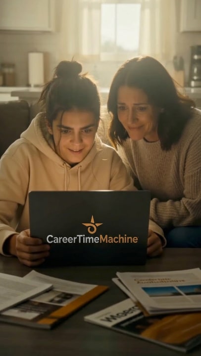 Parent and student reviewing a Career Time Machine plan on a laptop